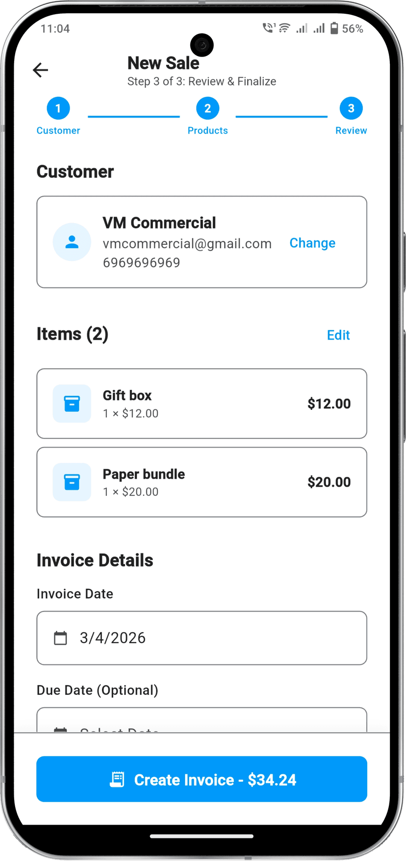 Create invoice screen